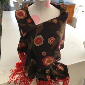 Modern Art Boho Floral Fringed Scarf/Wrap Brown Grn Orange Tan White Sz OS NWOT